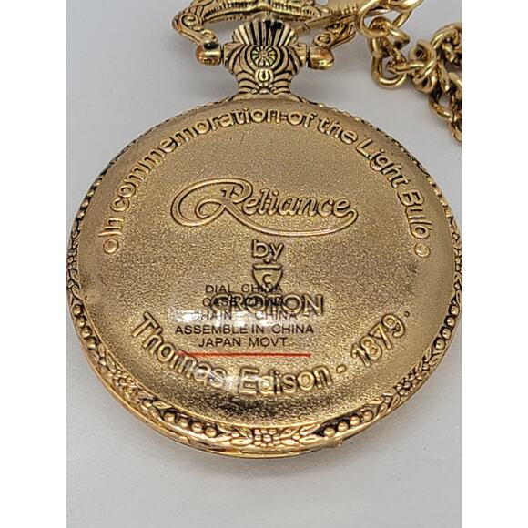 Thomas Edison Commemoration of The Light Bulb Pocket Watch Gold Finish Chain - Picture 4 of 4